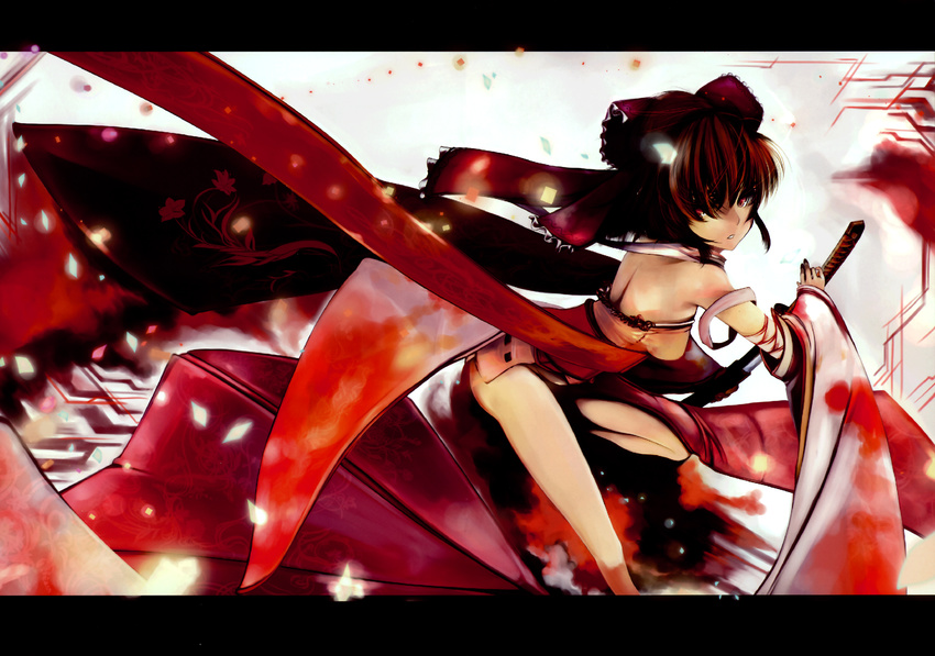 absurdres alternate_costume bare_legs bare_shoulders bow brown_hair detached_sleeves hair_bow hakurei_reimu highres japanese_clothes katana kimono leg_up letterboxed long_hair looking_at_viewer obi parted_lips petals red_eyes sash short_kimono solo sword touhou virus_(obsession) weapon wide_sleeves
