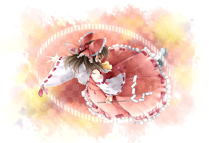 ascot bare_shoulders bow brown_eyes brown_hair detached_sleeves gohei hair_bow hair_tubes hakurei_reimu highres ho-cki long_hair looking_back open_hand outstretched_arm solo touhou