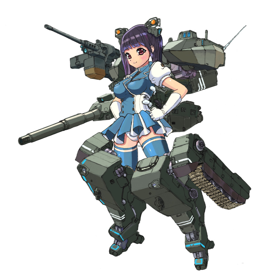 antennae black_hair blue_legwear breasts caterpillar_tracks gun hands_on_hips highres large_breasts long_hair mecha_musume original panties personification purple_eyes simple_background skirt smile solo soukaa_(golden_sash) thighhighs type_10_(tank)_(personification) underwear weapon white_background