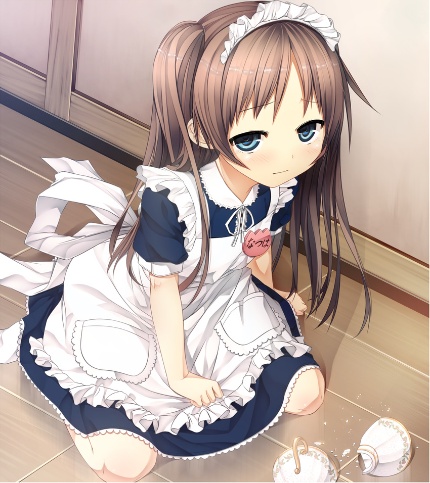 apron blue_eyes broken brown_hair character_name cura full_body highres kneeling long_hair maid maid_headdress monobeno name_tag sawai_natsuha solo tears two_side_up wooden_floor