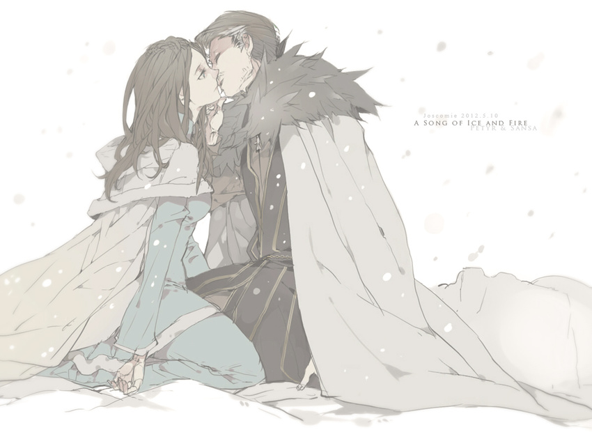 1girl a_song_of_ice_and_fire bad_id bad_pixiv_id brown_hair cape copyright_name dress hetero kiss long_hair muted_color petyr_baelish sansa_stark snow snowing wavesheep