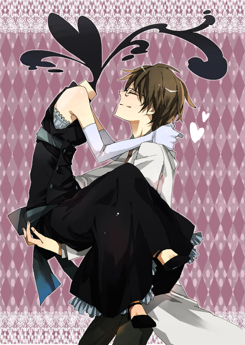 1girl black_dress brown_hair carrying celty_sturluson couple darkness dress durarara!! elbow_gloves gloves headless heart hetero highres kiri_(rosetta) kishitani_shinra labcoat necktie princess_carry shoes smoke white_gloves