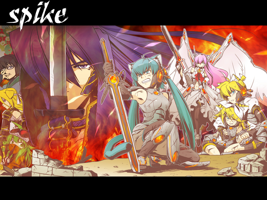 5girls alternate_costume animal_ears armor boots cat_ears clenched_teeth elbow_gloves glasses gloves goggles green_hair gumi hatsune_miku highres hiyama_kiyoteru holding_hands injury kagamine_len kagamine_rin kamui_gakupo katana kunai letterboxed lily_(vocaloid) mask megurine_luka multiple_boys multiple_girls nekomura_otako sword tail teeth thigh_boots thighhighs vocaloid weapon wings