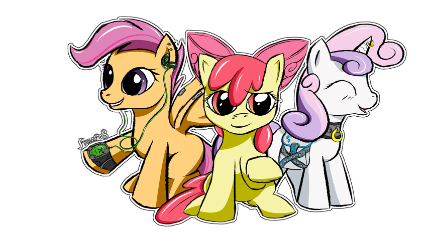 apple_bloom_(mlp) applebloom_(mlp) bag bow bracelet collar cub cutie_mark_crusaders_(mlp) ear_piercing earbuds equine eyes_closed female feral freefox friendship_is_magic hair_bow horn horse jewelry looking_at_viewer mammal my_little_pony pegasus piercing plain_background pony saddle_bag scootaloo_(mlp) smile sweetie_belle_(mlp) transparent_background unicorn wings young