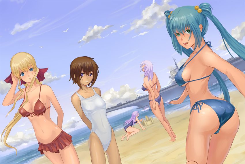 aircraft_carrier ass beach bikini bikini_skirt blonde_hair blue_eyes breasts brown_hair cleavage cloud cryska_barchenowa cui_yifei day front-tie_top green_eyes green_hair highres ilfriede_von_feulner inia_sestina long_hair looking_back medium_breasts military military_vehicle multiple_girls muvluv muvluv_alternative muvluv_total_eclipse naoki_yukira navel one-piece_swimsuit outdoors parted_lips purple_hair sand_castle sand_sculpture shiny shiny_skin ship short_hair side-tie_bikini sideboob sky small_breasts smile swimsuit tarisa_manandal twintails warship watercraft