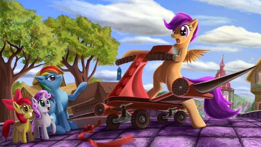 apple_bloom apple_bloom_(mlp) barn blonde_hair blue_body bow box bush cloud clouds crying cub cutie_mark cutie_mark_crusaders_(mlp) derpy_hooves_(mlp) detailed_background english_text equine female feral friendship_is_magic gray_body green_eyes grey_body grin group hair horn horse house mammal mountain multi-colored_hair my_little_pony orange_body orange_eyes pegasus pink_hair pony ponyville purple_eyes purple_hair rainbow_dash_(mlp) rainbow_hair red_hair scootaloo_(mlp) scooter smile sweetie_belle_(mlp) tag tears tears_of_joy text town_hall tree tsitra360 two_color_hair two_tone_hair unicorn white_body wings wood yellow_body young