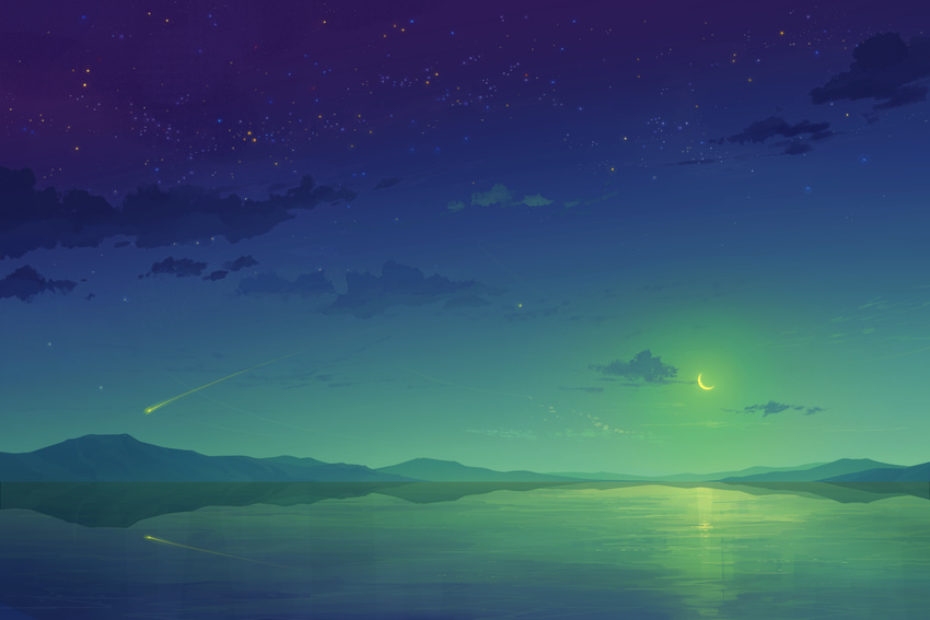 bad_pixiv_id blue cloud comet copyright_request crescent_moon green hill horizon lake moon night night_sky no_humans outdoors purple reflection scenery shooting_star sky star_(sky) toshiyu_(10shi_yu) water