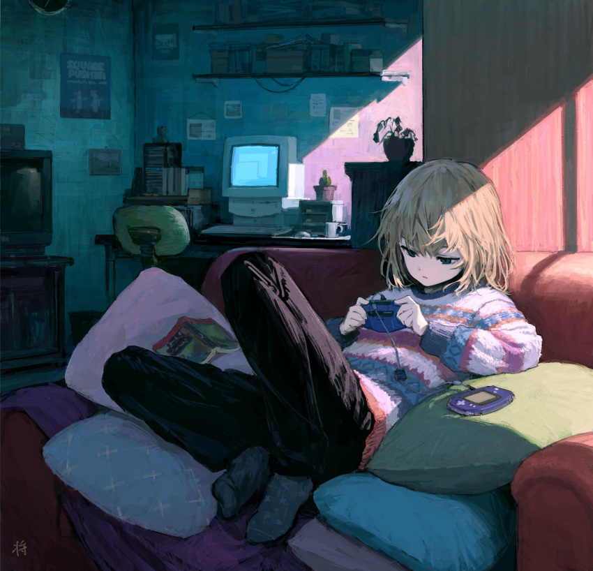 1girl bangs black_pants blanket blonde_hair blue_eyes blue_legwear book cactus chair clock commentary computer couch cup game_boy_advance handheld_game_console highres light_rays looking_down mug notes office_chair pants pillow plant poster_(object) potted_plant print_legwear shelf sho_(sho_lwlw) short_hair sitting slouching solo striped striped_sweater stuffed_animal stuffed_toy sweater table teddy_bear television trash_can