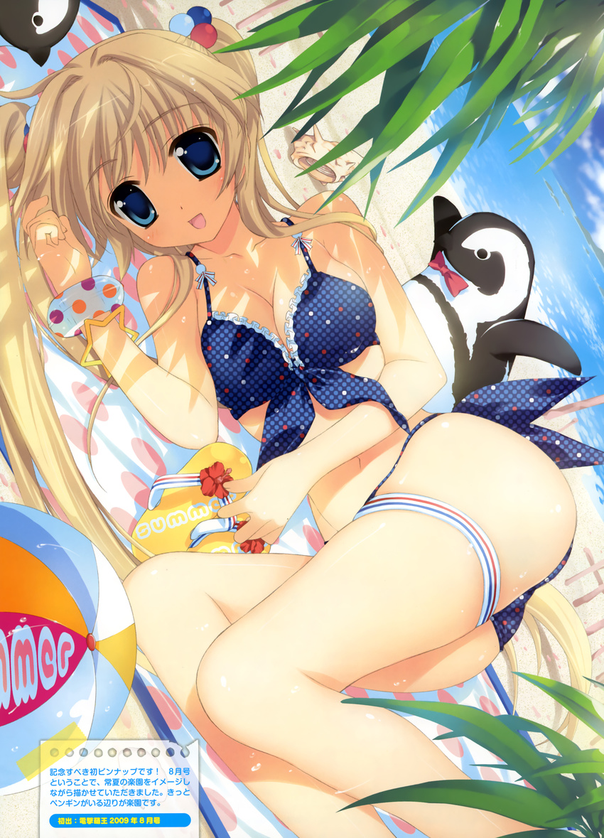 :d absurdres ball bare_shoulders beach beachball bikini bird blonde_hair blue_bikini blue_eyes bracelet breasts cleavage day dengeki_moeou dutch_angle flip-flops front-tie_top fujima_takuya highres hips jewelry looking_at_viewer lying navel on_side open_mouth original penguin polka_dot polka_dot_bikini polka_dot_swimsuit sandals scan shiny shiny_skin side-tie_bikini skindentation small_breasts smile solo swimsuit thigh_strap two_side_up