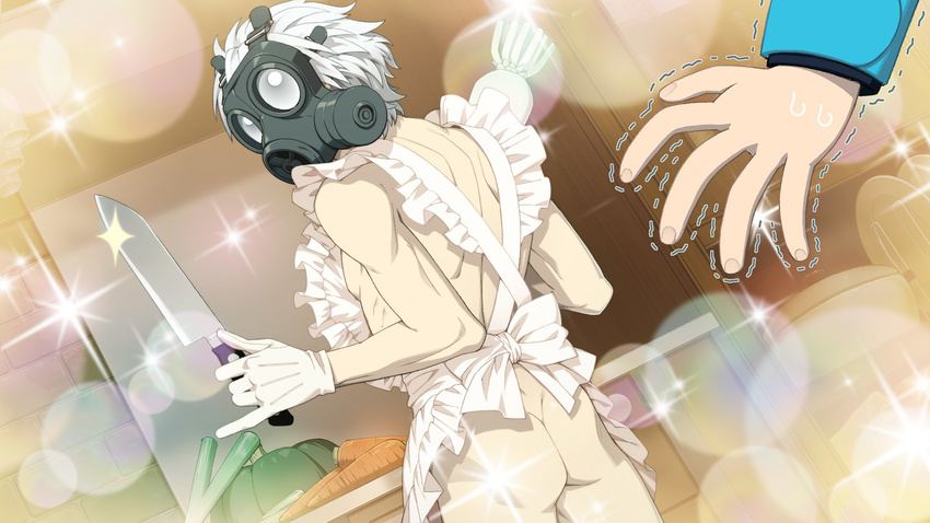 2boys apron artist_request ass bow clear_(dmmd) clear_(dramatical_murder) dramatical_murder game_cg gas_mask gloves highres kitchen knife looking_back male male_focus multiple_boys muscle naked_apron surprise surprised trembling vegetable vegetables what white_hair