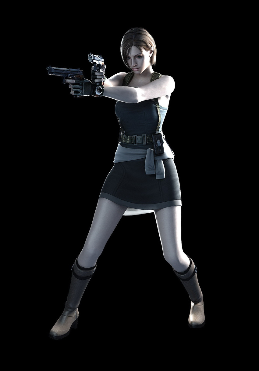 1girl 3d akimbo artist_request beretta_92 blue_eyes boots brown_hair capcom dual_wielding gloves gun handgun hands_on_hips highres jill_valentine official_art pistol resident_evil resident_evil_3 resident_evil_umbrella_chronicles semiautomatic short_hair skirt solo source_request tubetop weapon