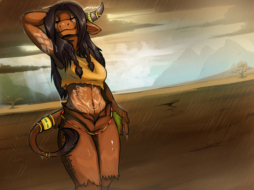 black_hair bovine braids clothed clothing cloud eyes_closed female hair hoot horn jewelry mammal markings navel rain raine_bloodhoof skimpy smile solo tauren the_barrens tree video_games warcraft wet wood world_of_warcraft