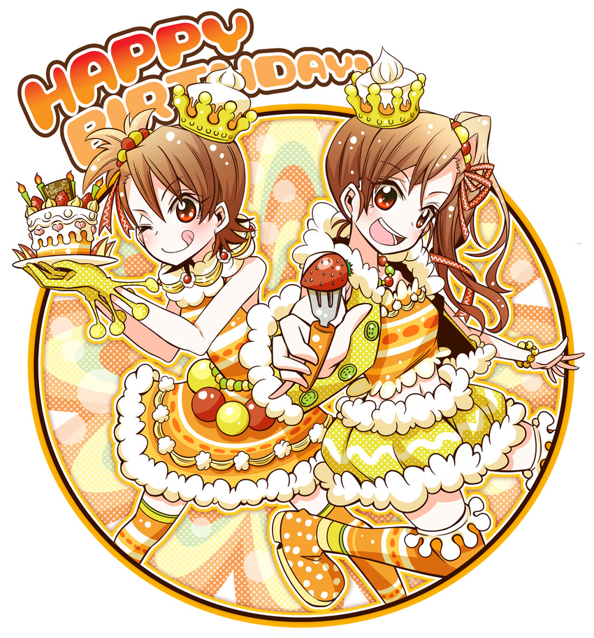 :p bare_shoulders brown_eyes brown_hair cake dress emu_(toran) food fork fruit futami_ami futami_mami gloves happy_birthday highres idolmaster idolmaster_(classic) long_hair midriff multiple_girls navel one_eye_closed open_mouth short_hair siblings side_ponytail sisters smile strawberry striped striped_legwear thighhighs tongue tongue_out twins