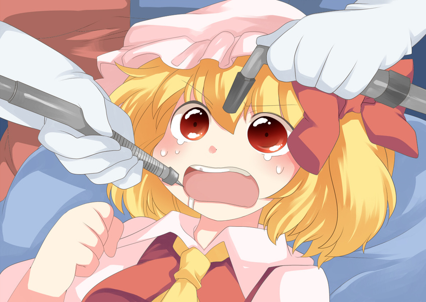 ascot bad_id bad_pixiv_id blonde_hair blush bow close-up commentary dentist drill drooling flandre_scarlet gloves hair_bow hammer_(sunset_beach) hat lying multiple_girls on_back open_mouth red_eyes short_hair side_ponytail tears touhou upper_body white_gloves yagokoro_eirin