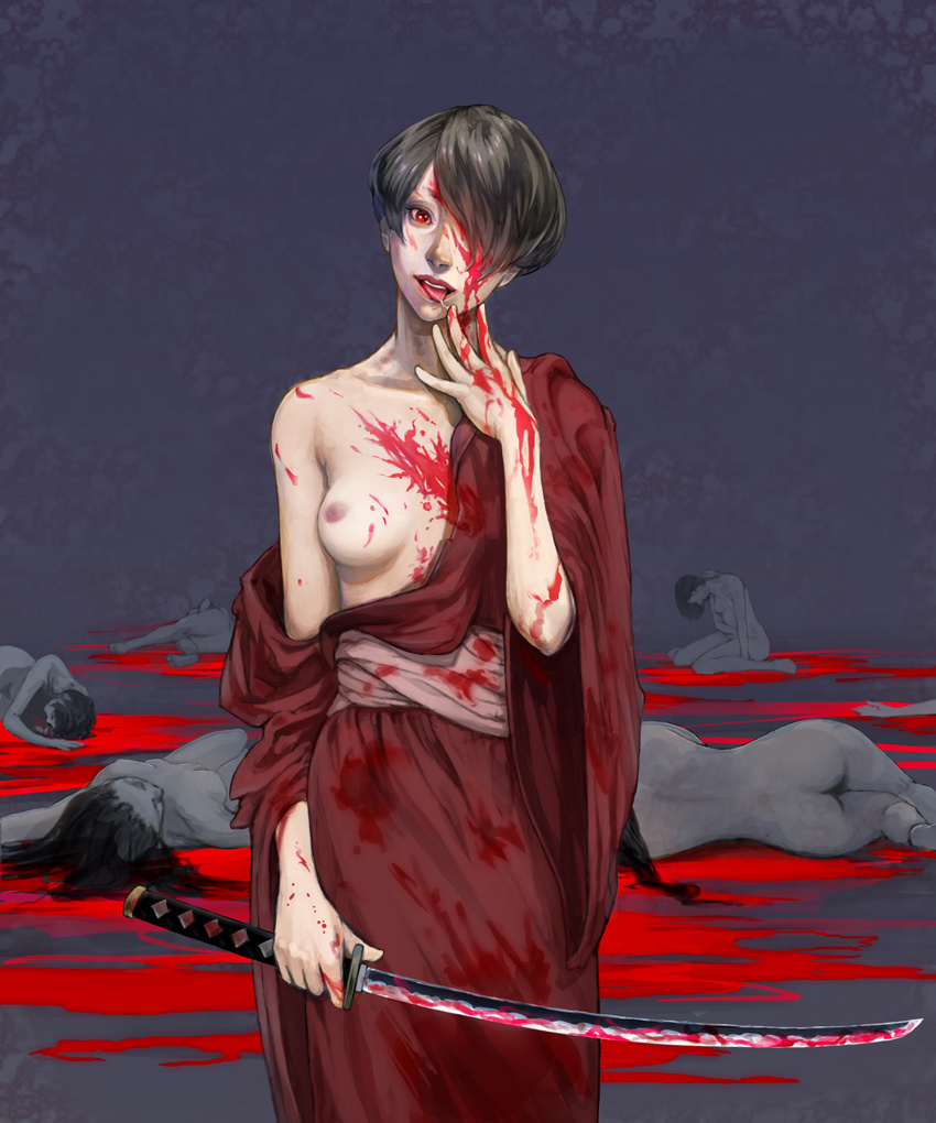 albr black_hair blood blood_on_face bloody_clothes bloody_hands bloody_weapon breasts commentary_request corpse cowboy_shot grey_background hair_over_one_eye hand_to_own_mouth highres holding holding_sword holding_weapon japanese_clothes katana lipstick makeup medium_breasts multiple_girls nipples no_bra nude off_shoulder one_breast_out original red_lipstick robe saliva sash short_hair solo_focus standing sword tongue tongue_out vampire very_short_hair weapon wide_sleeves