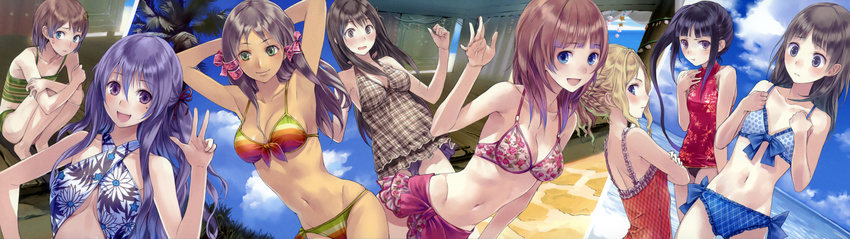 :d :t absurdres arched_back armpits arms_up atelier_(series) atelier_rorona atelier_totori bare_shoulders bikini bikini_skirt black_hair blonde_hair blue_bikini blue_eyes brown_hair casual_one-piece_swimsuit cecilia_helmold collage criss-cross_halter crossed_arms cuderia_von_feuerbach dark_skin filly_erhard flat_chest floral_print front-tie_top game_cg green_eyes hair_ornament hair_ribbon hairpin halter_top halterneck highres kishida_mel knees_to_chest long_hair looking_at_viewer mervia_siebel mimi_houllier_von_schwarzlang mole multicolored multicolored_bikini multicolored_clothes multicolored_stripes multiple_girls navel official_art one-piece_swimsuit open_mouth pamela_ibiss plaid plaid_swimsuit print_bikini purple_eyes purple_hair ribbon rororina_fryxell short_hair side-tie_bikini side_ponytail sitting smile striped sweatdrop swimsuit totooria_helmold tress_ribbon upper_body v
