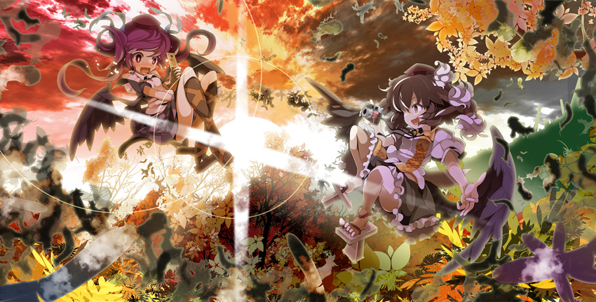 black_hair brown_hair camera cellphone cloud feathers flower hair_ribbon hat himekaidou_hatate leaf multiple_girls phone ribbon shameimaru_aya short_hair skirt sky sun sunlight tokin_hat touhou tree twintails uki_(room_405) wings