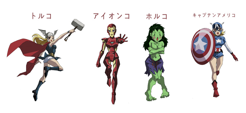 4girls armor avengers barefoot blush breasts cape captain_america covering covering_breasts genderswap hammer highres hulk iron_man long_hair marvel mjolnir multiple_girls panties pantyshot shield thor_(marvel) underwear weapon