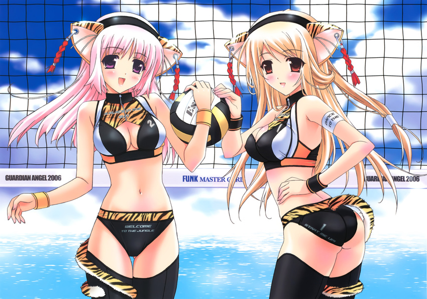 absurdres animal_ears armband ass beach_volleyball bikini black_legwear blonde_hair breasts cleavage copyright_request covered_nipples halter_top halterneck hasumi_eran highres huge_filesize long_hair medium_breasts multiple_girls pink_eyes pink_hair red_eyes swimsuit tail tail_wrap thighhighs tiger_ears tiger_tail volleyball volleyball_net