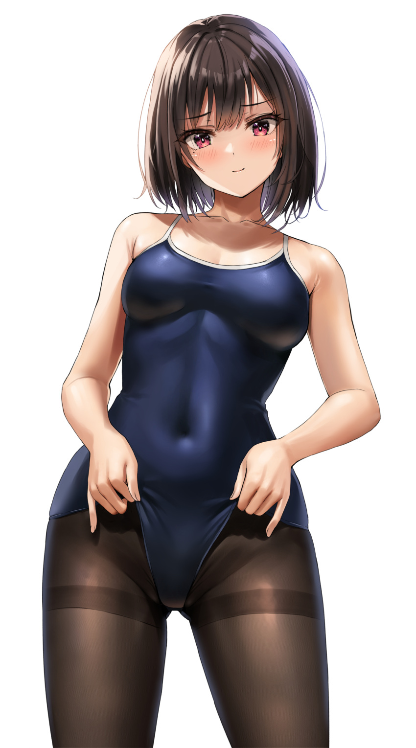 1girl absurdres blue_one-piece_swimsuit breasts clothes_pull collarbone competition_school_swimsuit covered_navel cowboy_shot highres looking_at_viewer medium_breasts one-piece_swimsuit one-piece_swimsuit_pull original pantyhose pantyhose_under_swimsuit red_eyes school_swimsuit short_hair simple_background solo standing swimsuit thighband_pantyhose white_background yukemuriganmo