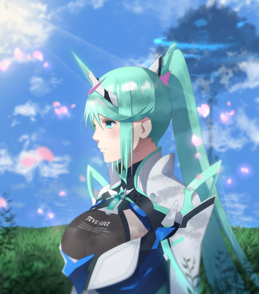 1girl absurdres armor blue_sky breasts core_crystal_(xenoblade) green_eyes green_hair high_ponytail highres large_breasts monolith_soft nintendo pneuma_(xenoblade) ponytail sky solo tiara ty_(artist) world_tree_(xenoblade) writing_on_chest xenoblade_chronicles_(series) xenoblade_chronicles_2