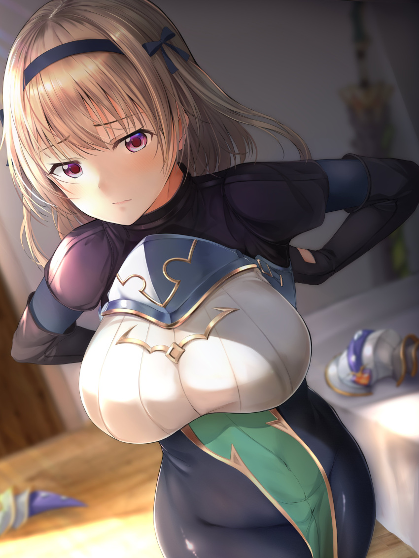 1girl absurdres armor arms_behind_back bed blonde_hair blue_bow blue_hairband blue_leotard blue_shirt blurry blurry_background bow breasts closed_mouth depth_of_field detached_sleeves door furrowed_brow hair_tie hairband hazuki_gyokuto highres indoors large_breasts legend_clover leotard looking_at_viewer partially_undressed purple_eyes shirt sidelighting siegfried_(legend_clover) solo standing sword twintails undressing unworn_armor weapon
