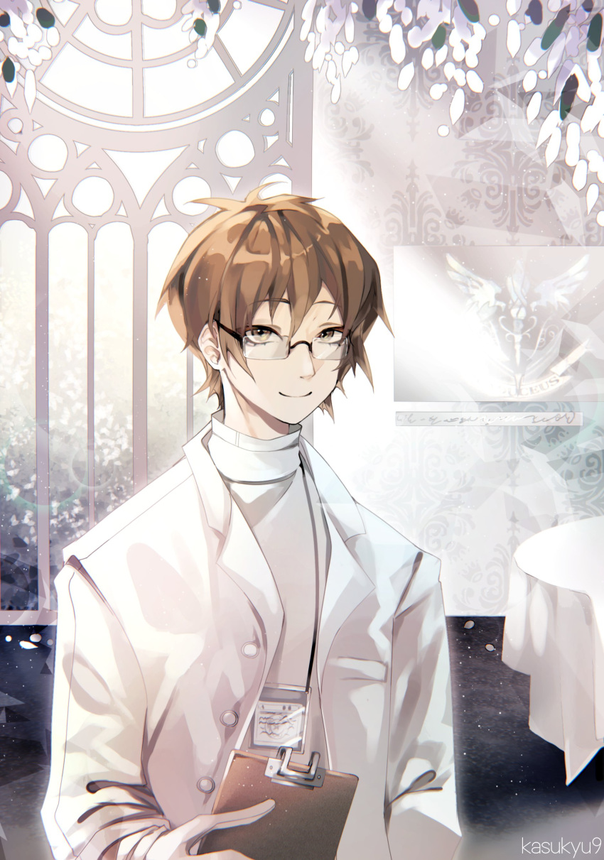 1boy absurdres brown_eyes brown_hair chou_shittou_caduceus clipboard glass highres holding holding_clipboard kasumi_koujou lab_coat lanyard tsukimori_kousuke