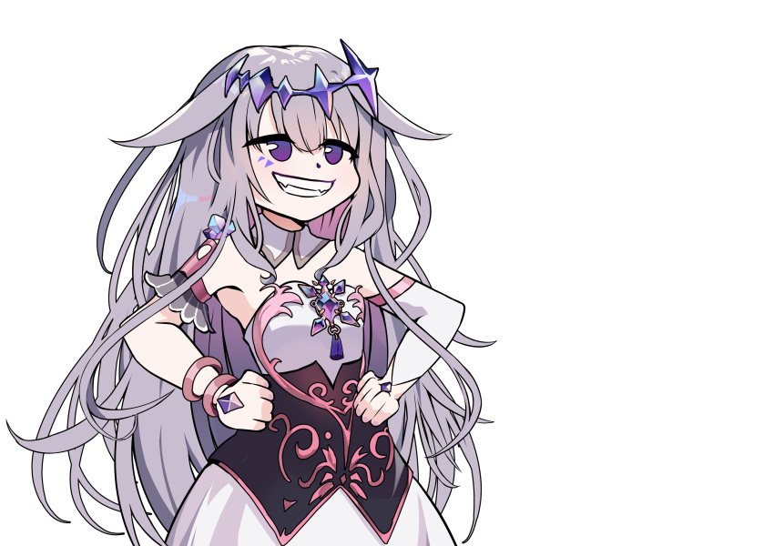 1girl absurdres bare_shoulders breasts crystal dress grey_hair grin hair_between_eyes hands_on_own_hips highres hololive hololive_english koseki_bijou letterboxed long_hair nakatokung purple_eyes simple_background small_breasts smile solo strapless strapless_dress very_long_hair virtual_youtuber white_background white_dress