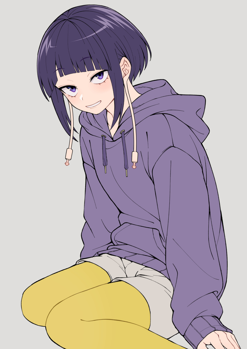 1girl absurdres audio_jack grey_background grey_shorts highres hood hoodie kobaji long_earlobes pantyhose purple_eyes purple_hair purple_hoodie short_hair shorts sidelocks simple_background sitting solo wariza yellow_pantyhose