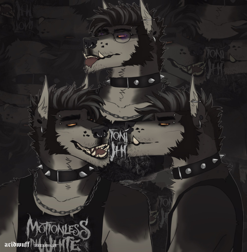 2022 acidwuff anthro black_clothing black_collar black_topwear brown_body brown_fur brown_hair clothed clothing collar dated ear_piercing ear_ring eyebrow_piercing eyewear facial_piercing fur gauged_ear glasses grey_body grey_fur grey_hair hair hi_res larry_(acidwuff) looking_aside male multicolored_hair narrowed_eyes nose_piercing open_mouth piercing ring_piercing septum_piercing short_hair solo spiked_collar spikes topwear two_tone_hair wearing_glasses