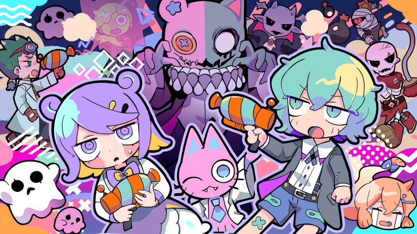 2girls 3boys absurdres animal_ears antenna_hair aqua_eyes aqua_hair bandaid bandaid_on_face bandaid_on_knee bandaid_on_leg bandaid_on_nose bear_ears blonde_hair bomb bow bowtie cat_ears chibi child cover dress explosive fangs ghost goonya_monster goonyan_(goonya_monster) green_hair gun handgun highres holding holding_weapon kigurumee_(goonya_monster) lab_coat multicolored_hair multiple_boys multiple_girls mummy octo_(goonya_monster) official_art orange_hair otoko_no_ko pirarucu_(goonya_monster) ponytail promotional_art purple_eyes purple_hair sickle skeleton snail_(goonya_monster) sweatdrop terada_tera toad_(goonya_monster) two-tone_hair vampire video_game_cover weapon