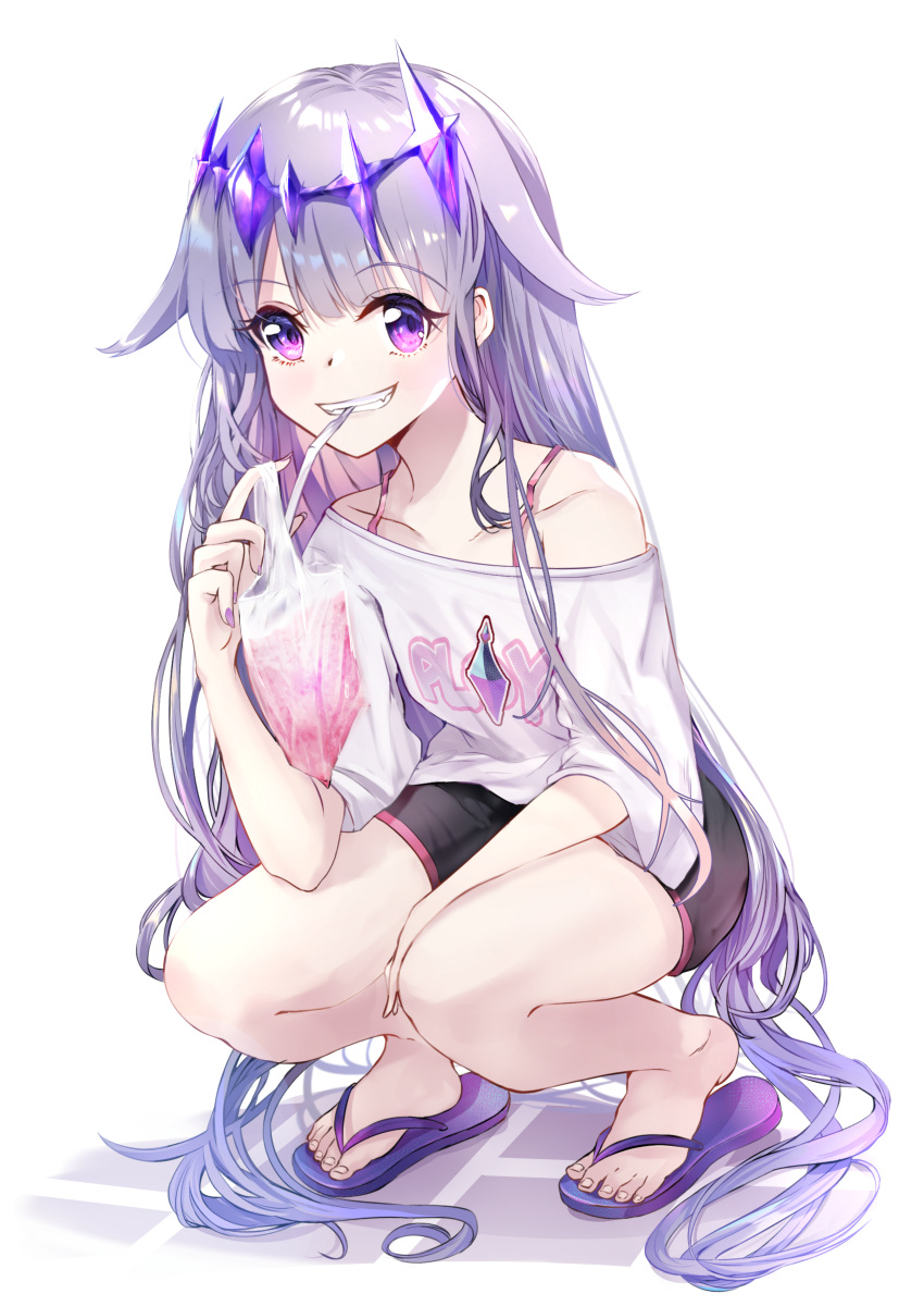 1girl absurdres bag bendy_straw black_shorts clothes_writing collarbone drinking_straw flip-flops full_body grey_hair grin highres holding holding_bag hololive hololive_english koseki_bijou long_hair looking_at_viewer nakatokung off_shoulder plastic_bag purple_eyes purple_footwear purple_hair sandals shirt short_shorts short_sleeves shorts simple_background slippers smile solo squatting very_long_hair virtual_youtuber white_background white_shirt wide_sleeves