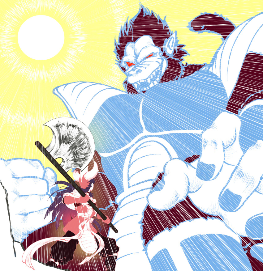 alternate_universe armor axe battle chi-chi_(dragon_ball) clinrollmuribyeoul dragon_ball dragon_ball_(classic) dragon_ball_z fake_horns fighting_stance helmet highres holding holding_axe holding_weapon horned_helmet horns huge_weapon long_hair monkey_tail oozaru red_eyes saiyan saiyan_armor sharp_teeth simple_background size_difference son_goku sun tail teeth waist_ribbon weapon yellow_background