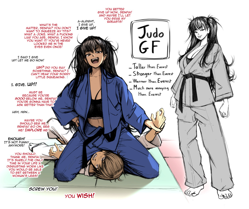1boy 1girl assertive_female black_hair breasts brown_hair dougi english_text femdom highres holding_another's_wrist judo kusujinn martial_arts_belt open_clothes open_mouth original pinned smug sports_bra straddling tongue tongue_out twintails
