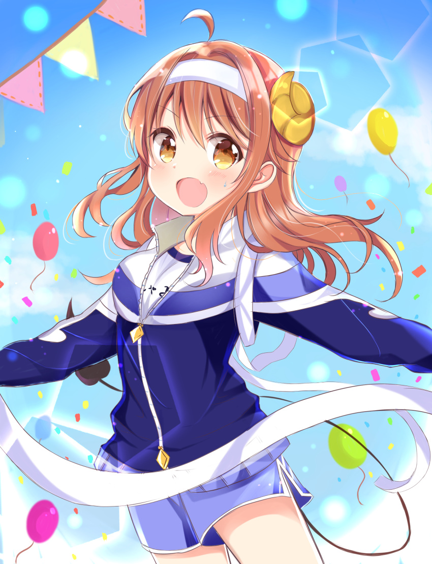 1girl alternate_costume balloon blue_shorts blue_sky blush brown_eyes brown_hair commentary confetti cowboy_shot curled_horns demon_girl demon_horns demon_tail fang floating_hair gym_uniform hair_between_eyes hairband happy highres horns long_hair long_sleeves looking_at_viewer machikado_mazoku nanami_ayane_(kusunoki5050) open_mouth outdoors outstretched_arms shorts skin_fang sky smile solo sports_festival standing sweatdrop tail v-shaped_eyebrows victory white_hairband yoshida_yuuko_(machikado_mazoku)