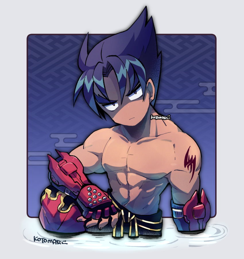 1boy black_eyes black_hair black_pants border closed_mouth egasumi fingernails gloves grey_border kazama_jin kotorai male_focus no_nipples no_nose pants partially_submerged pectorals red_gloves shaded_face shoulder_tattoo signature solo tan tattoo tekken toned toned_male