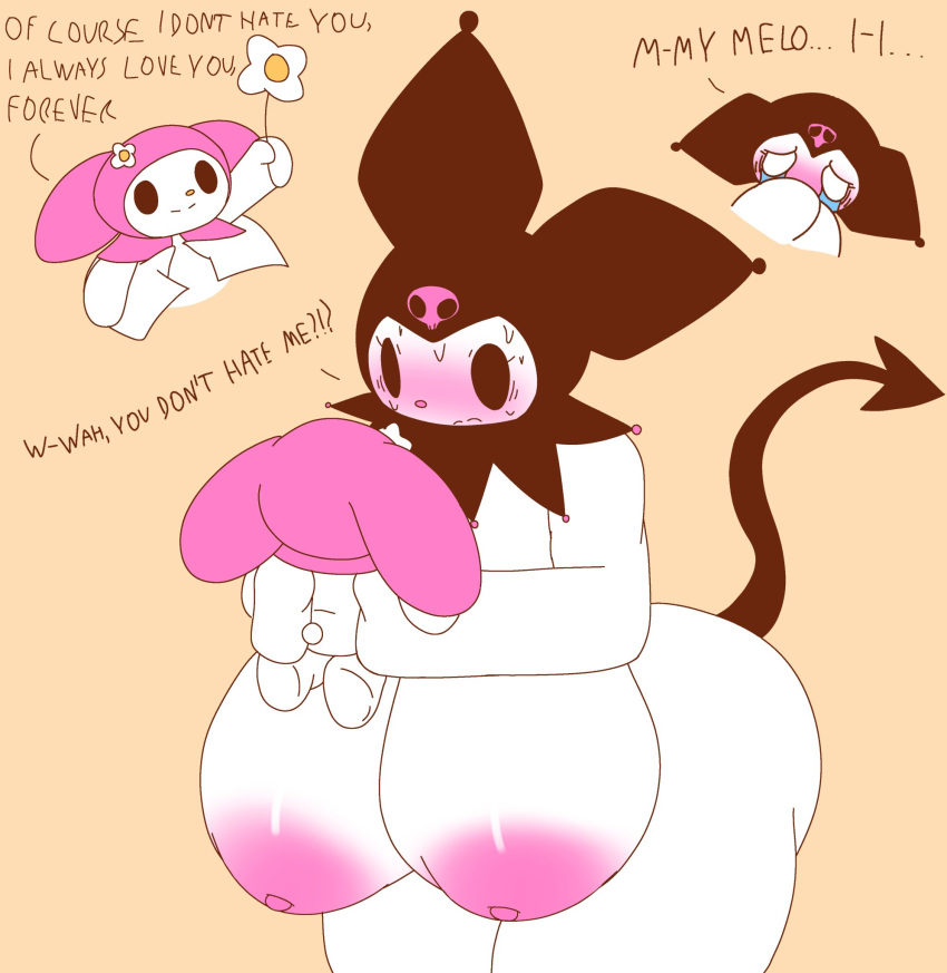 anthro areola big_breasts big_butt blush breasts butt demon dialogue duo female hi_res huge_breasts huge_butt kuromi lagomorph leporid mammal my_melody onegai_my_melody rabbit sanrio simple_background spade_tail tagme tail text tha_randomu thick_thighs wholesome