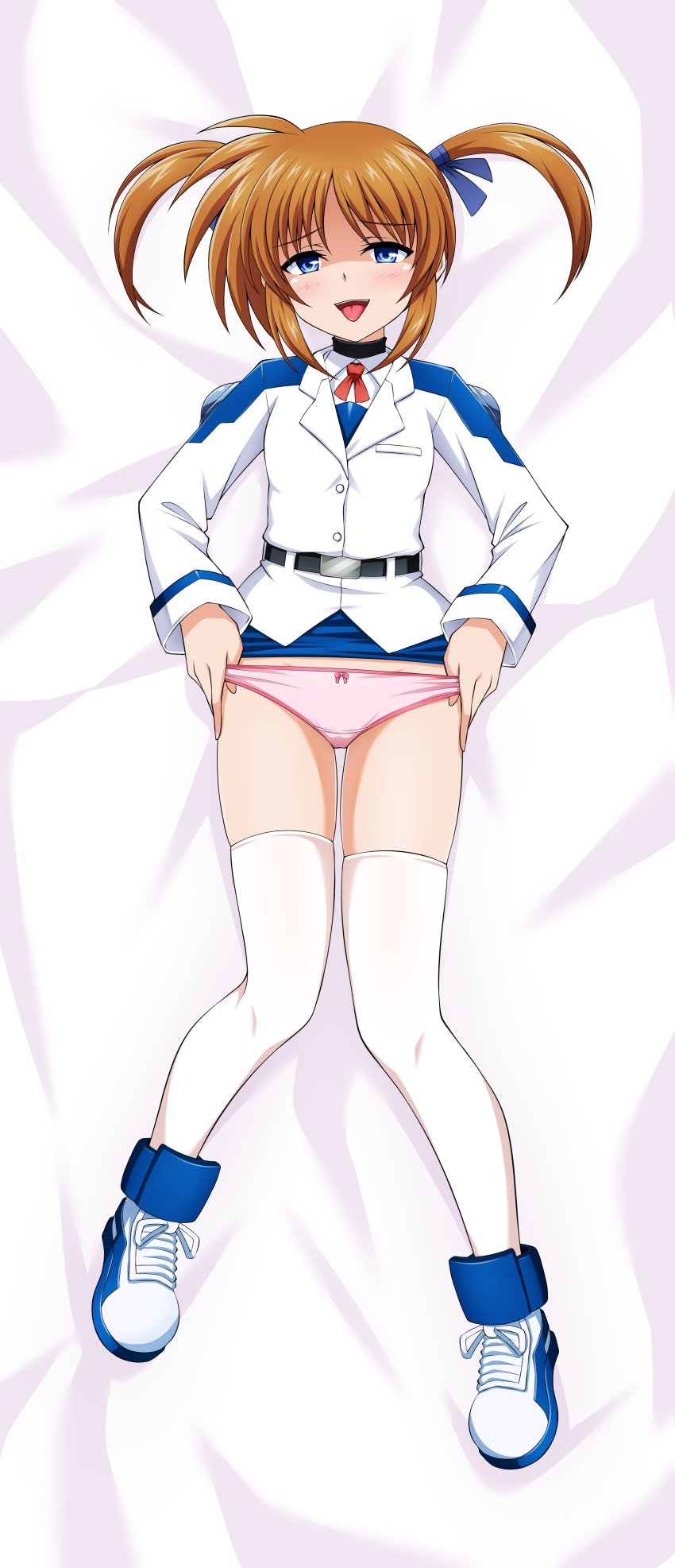 1girl absurdres blue_eyes blush breasts brown_hair clothes_lift hair_ribbon highres looking_at_viewer lyrical_nanoha mahou_shoujo_lyrical_nanoha mahou_shoujo_lyrical_nanoha_a's military_uniform miniskirt open_mouth oshimaru026 panties pink_panties ribbon short_hair skirt skirt_lift small_breasts smile solo takamachi_nanoha thighhighs tongue tongue_out tsab_air_military_uniform twintails underwear uniform white_thighhighs