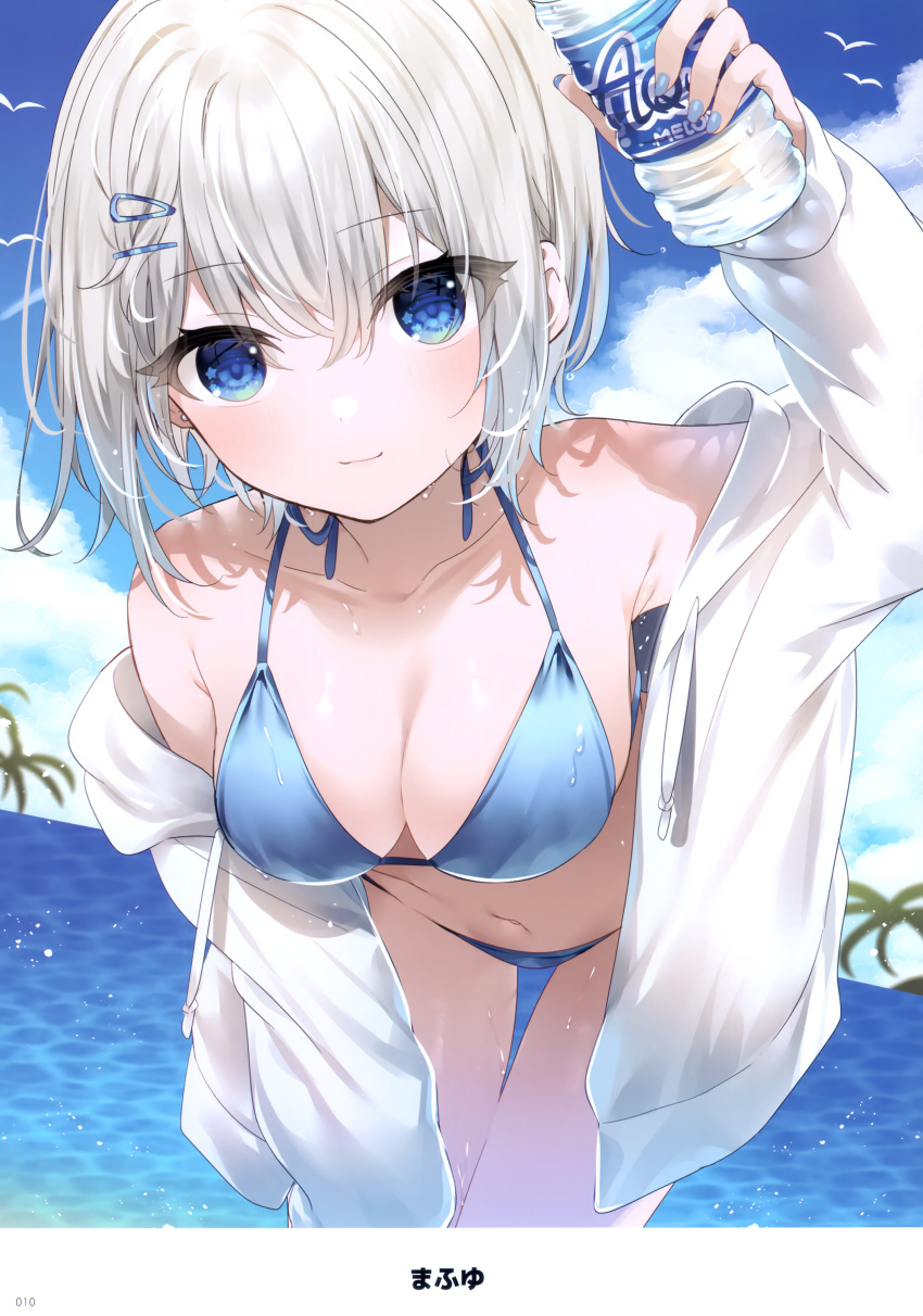 1girl absurdres animal artist_name bare_shoulders bikini bird blue_bikini blue_eyes blue_nails blue_sky blush bottle breasts cleavage closed_mouth cloud cloudy_sky collarbone fingernails hair_ornament hairclip highres holding jacket leaning_forward light_smile looking_at_viewer mafuyu_(chibi21) medium_breasts melonbooks nail_polish navel ocean off_shoulder open_clothes open_jacket page_number plastic_bottle scan seagull short_hair sky solo stomach swimsuit water water_bottle water_drop wet white_hair