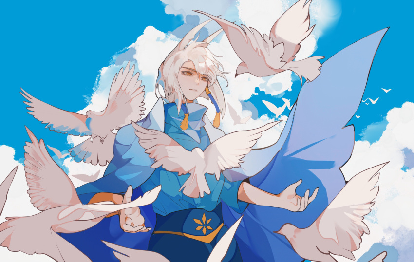 1boy absurdres bird bishounen cloud day doupichipizi earrings grey_hair highres jewelry looking_at_another male_focus mimizuku_(sky:_children_of_the_light) outdoors pointy_hair ponytail sky:_children_of_the_light solo tassel tassel_earrings upper_body white_bird white_hair yellow_eyes