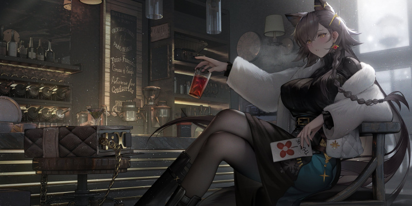 1girl animal_ears arknights bar_(place) binggong_asylum black_dress black_pantyhose bottle braid breasts brown_hair chain chinese_commentary coat commentary_request counter dress drink feet_out_of_frame fur_coat highres holding holding_drink indoors jingle_bell_earrings large_breasts long_hair mole_above_eye official_alternate_costume pantyhose penance_(arknights) penance_(occasionally_flushed)_(arknights) red_wine side_braid solo very_long_hair wine_bottle wine_rack wolf_ears wolf_girl yellow_eyes