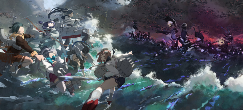6+girls absurdres abyssal_ship black_skirt brown_hair character_request commentary_request commission grey_hair hat highres kantai_collection long_hair looking_at_viewer mixed-language_commentary multiple_girls ocean open_mouth outdoors pixiv_commission red_eyes red_skirt rigging rudder_footwear school_uniform short_hair skirt sky taigei_(kancolle) thighs twintails waves weapon ye_fan yukikaze_(kancolle)