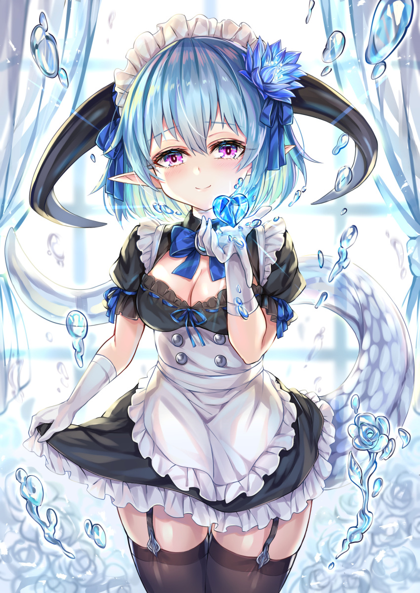 1girl akami770 alternate_costume apron black_thighhighs blue_hair blue_ribbon blush breasts cleavage closed_mouth clothes_lift crystal curtains dragon_girl dragon_horns dragon_tail dress elbow_gloves enmaided flower frilled_apron frilled_dress frills garter_straps gloves granblue_fantasy hair_between_eyes hair_flower hair_ornament hair_ribbon heart highres horns large_breasts looking_at_viewer maid maid_apron maid_headdress pointy_ears puffy_short_sleeves puffy_sleeves purple_eyes ribbon shadowverse short_hair short_sleeves skirt skirt_hold skirt_lift smile solo tail thighhighs water_drop white_gloves whitefrost_dragonewt_filene window zettai_ryouiki