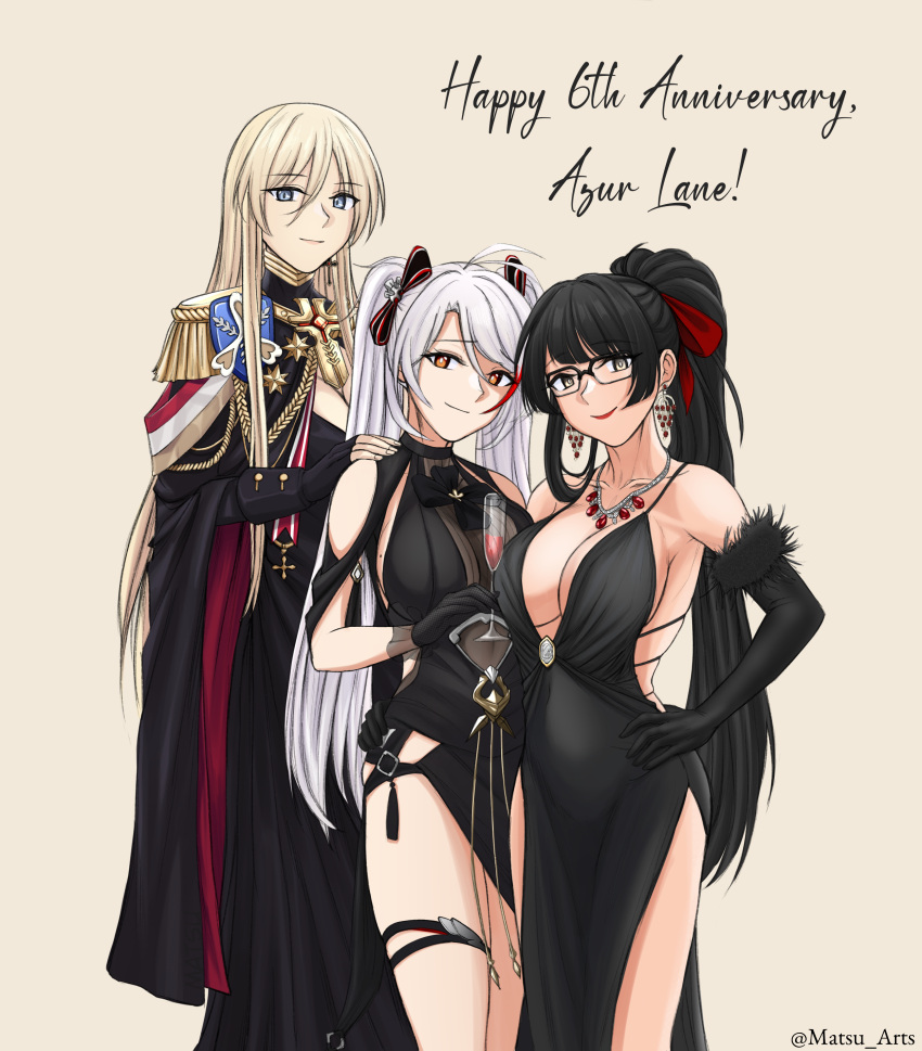 3girls absurdres anniversary artist_name azur_lane bismarck_(azur_lane) bismarck_(beacon_of_the_iron_blood)_(azur_lane) black_dress black_gloves black_hair blonde_hair blue_eyes bow breasts cleavage closed_mouth cross cross_earrings cup dress earrings elbow_gloves english_commentary english_text feet_out_of_frame female_commander_(azur_lane) glasses gloves grey_eyes hair_bow hair_ribbon hand_on_another's_shoulder hand_on_own_hip happy_anniversary highres holding holding_cup jewelry lips long_hair looking_at_viewer matsu_arts medium_breasts multicolored_hair multiple_girls necklace official_alternate_costume orange_eyes ponytail prinz_eugen_(azur_lane) prinz_eugen_(cordial_cornflower)_(azur_lane) red_lips ribbon simple_background smile standing streaked_hair twintails twitter_username white_hair