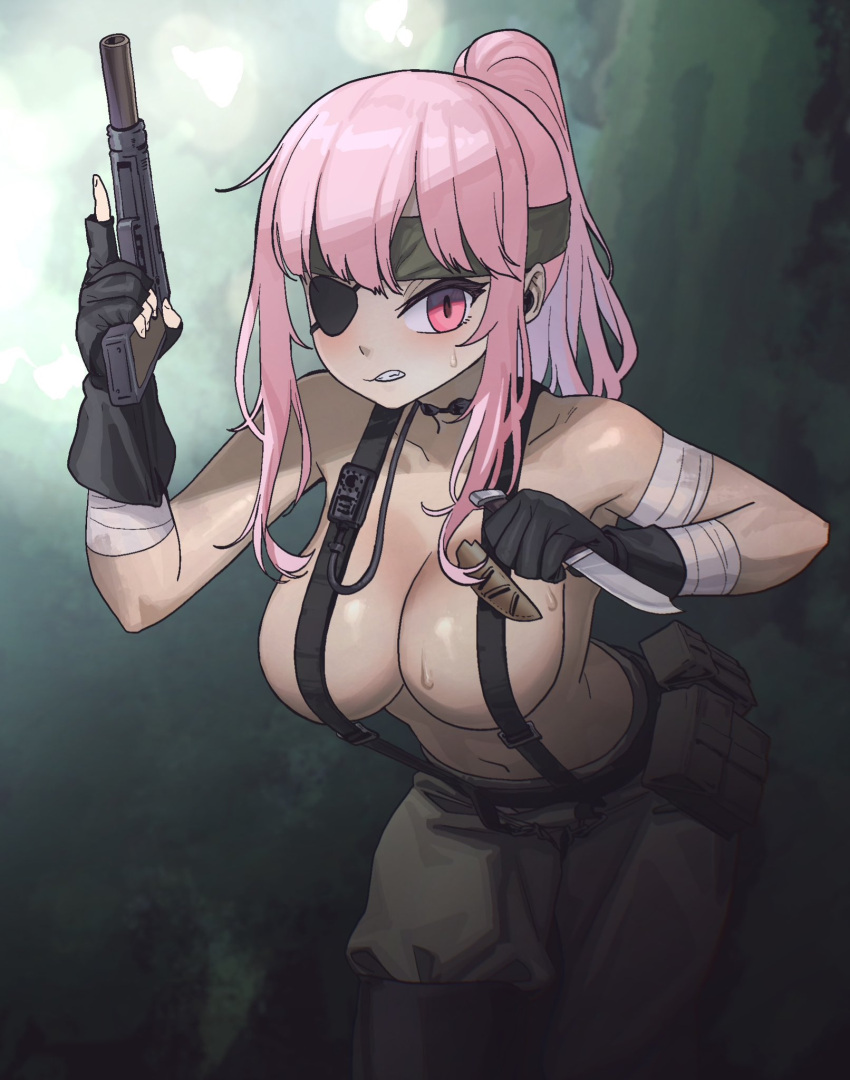 big_boss big_boss_(cosplay) breasts cleavage cosplay eyepatch gun handgun highres holding holding_gun holding_knife holding_weapon hololive hololive_english knife large_breasts metal_gear_(series) metal_gear_solid_3:_snake_eater mori_calliope pink_hair ponytail red_eyes virtual_youtuber weapon zedd_(zedgawr)