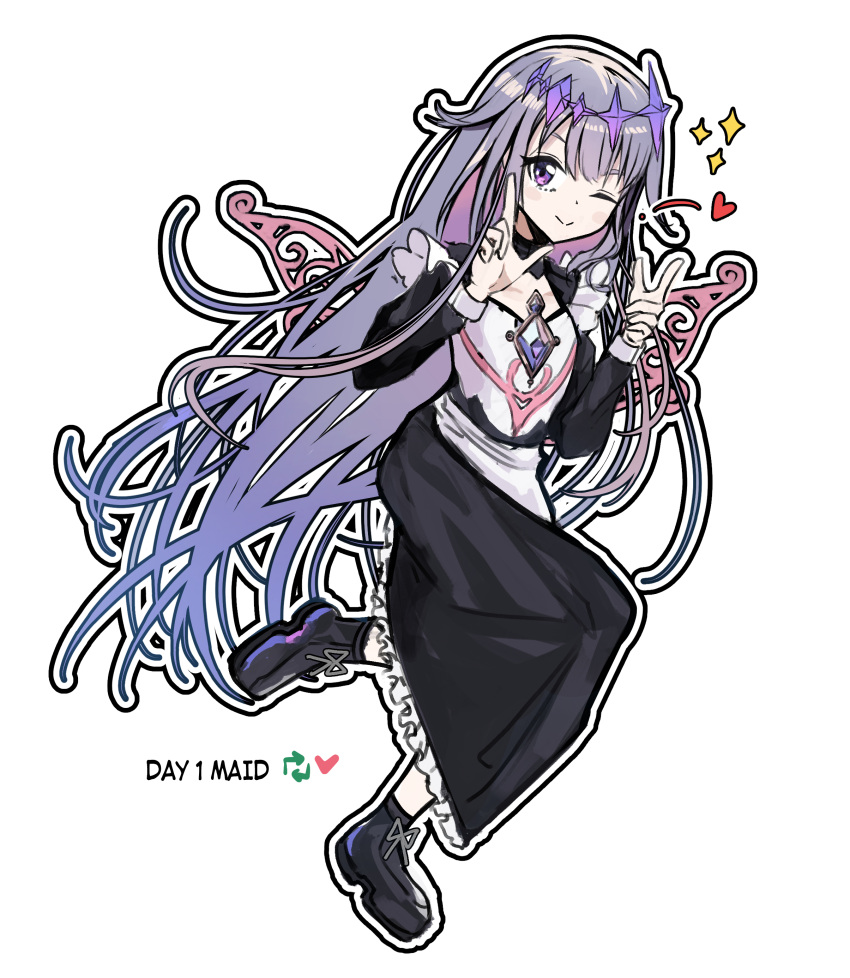 1girl absurdres arrow_(symbol) black_dress black_footwear collarbone dress english_text frilled_dress frills full_body grey_hair hands_up heart highres hololive hololive_english juliet_sleeves koseki_bijou long_hair long_sleeves nakatokung outline pink_hair pink_wings puffy_sleeves purple_eyes purple_hair shoes simple_background solo sparkle very_long_hair virtual_youtuber white_background white_outline wings