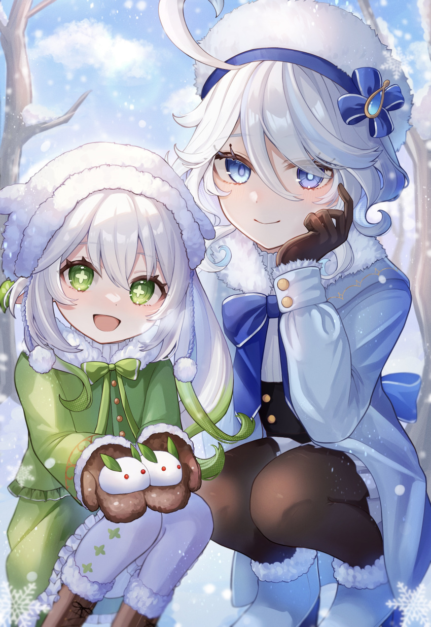 2girls absurdres ahoge blue_eyes blue_hair blue_sky blush brown_footwear brown_gloves brown_pantyhose closed_mouth commentary_request cross-shaped_pupils dot_nose feet_out_of_frame furina_(genshin_impact) genshin_impact gloves gradient_hair green_eyes green_hair green_jacket hair_between_eyes hand_on_own_cheek hand_on_own_face heterochromia highres jacket long_hair mokankan multicolored_hair multiple_girls nahida_(genshin_impact) open_mouth outdoors pantyhose sky snow snow_rabbit snowing squatting symbol-shaped_pupils tree white_hair white_headwear winter winter_clothes winter_gloves