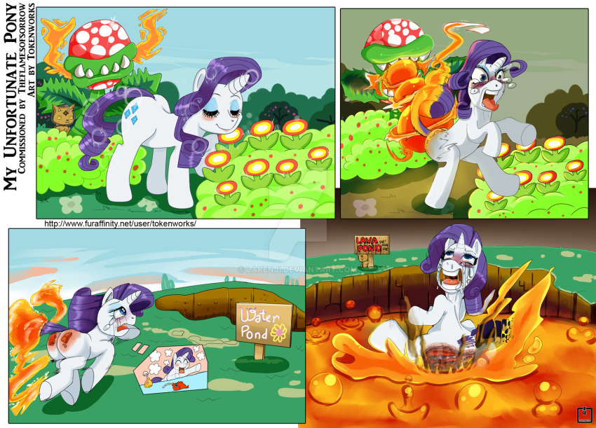 breath_powers burning butt butt_on_fire digital_media_(artwork) elemental_creature elemental_manipulation equid equine female feral fire fire_breathing fire_flower fire_manipulation flora_fauna friendship_is_magic hasbro hi_res horn horse imminent_death lava mammal mario_bros misleading my_little_pony nintendo open_mouth pain piranha_plant plant pony rarity_(mlp) sign solo_focus tail tail_on_fire tokenworks tongue tongue_out unicorn