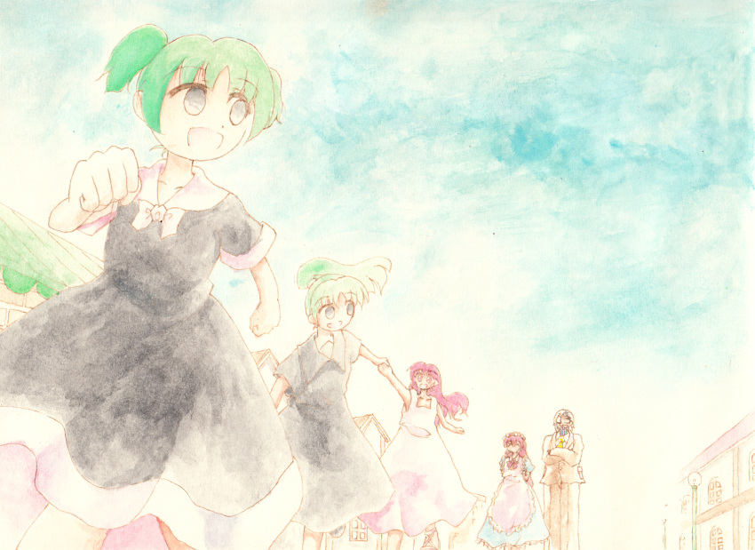 1boy 4girls apron arms_behind_back bad_source black_dress business_suit cloud collar crossed_arms cyborg dress erich_(seihou) facial_hair green_hair highres house kitsudzu mai_(seihou) maid_apron maid_headdress mei_(seihou) multiple_girls mustache open_mouth ponytail red_hair running seihou short_twintails sky suit twintails vivit vivit_(erich's_daughter) white_collar white_dress white_hair