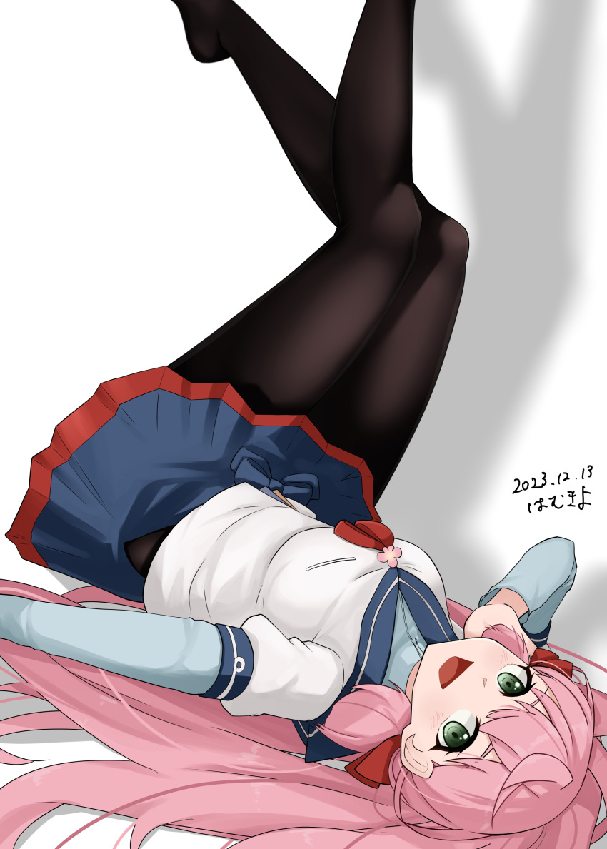 absurdres akashi_(kancolle) artist_name black_pantyhose blue_skirt blunt_tresses breasts commentary_request dated green_eyes hair_ribbon hamukiyo highres kantai_collection legs_up long_hair long_sleeves looking_at_viewer lying medium_breasts on_back open_mouth pantyhose pink_hair pleated_skirt red_ribbon ribbon shirt simple_background skirt smile tress_ribbon very_long_hair white_background white_shirt